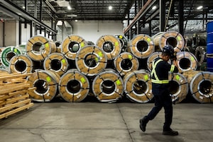 Stainless steel coils wait to be pressed into sheets in Montreal on Thursday, Sept. 18, 2025. THE CANADIAN PRESS/Christopher Katsarov